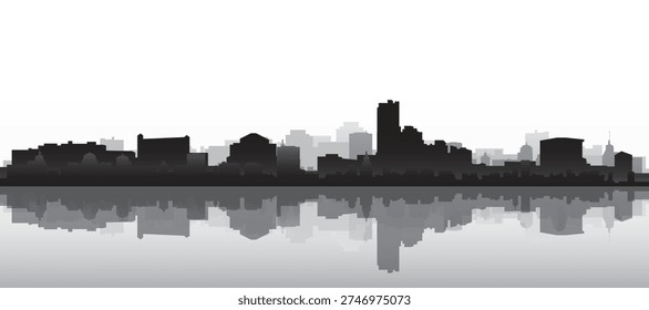 Black and white panoramic poster of the city skyline with misty background buildings and water reflection of DALLAS, UNITED STATES