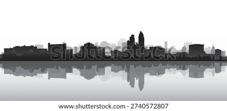 Black and white panoramic poster of the city skyline with misty background buildings and water reflection of SAN DIEGO, CALIFORNIA