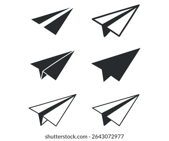 ícones de avião em papel preto e branco, ilustração vetorial em papel avião Ícones Set, avião em papel, papel, ícone, ilustração, gráfico, símbolo, simples, minimalista, preto e branco, contorno, silhueta, voo
