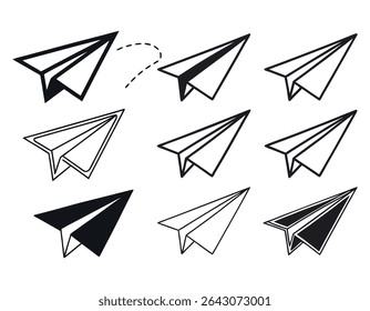 ícones de avião em papel preto e branco, ilustração vetorial em papel avião Ícones Set, avião em papel, papel, ícone, ilustração, gráfico, símbolo, simples, minimalista, preto e branco, contorno, silhueta, voo