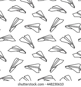 Black and white paper plane seamless pattern vector illustration. Doodle paper planes in the sky seamless background