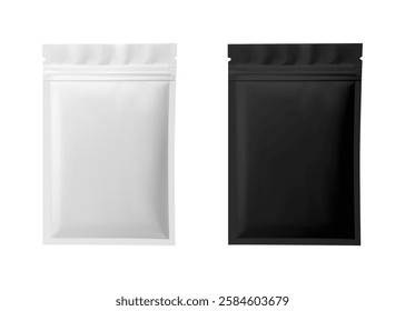 Black and white paper pouch. White sachet vector blank package mockup, small template, sugar or tea container. Pillow bag, matte wrap, soup, candy chocolate cover sample. Snack packaging illustration