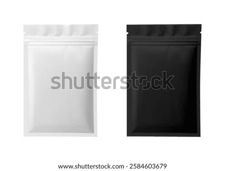 Black and white paper pouch. White sachet vector blank package mockup, small template, sugar or tea container. Pillow bag, matte wrap, soup, candy chocolate cover sample. Snack packaging illustration