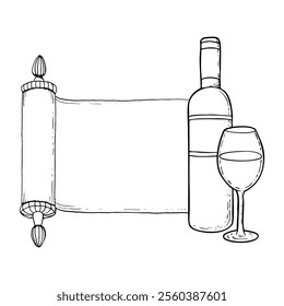 Black and white paper scroll with wine bottle and glass simple line vector illustration for coloring. Purim greeting banner template for Jewish holiday with Torah.