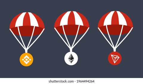 Black and white parachute with binance, ethereum, and tron ​​coins.  illustration for smart contract, blockchain, technology, crypto, airdrop bounty.  vector eps 10 svg