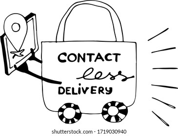 Black and white parcel on wheels delivering order. Packet holds navigator in two hands. Cartoon style sketch outline illustration. Contactless delivery lettering