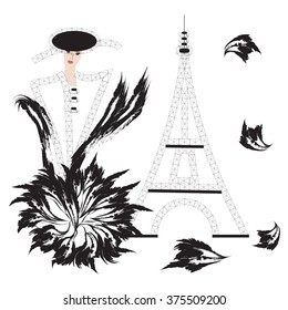 black and white Paris Eiffel Tower flowers woman in a hat on a white background vector