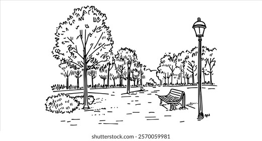 black and white park illustration with trees, bench, and streetlamp