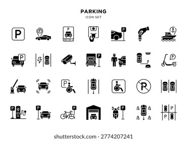 Black and white parking icon set showing various parking-related symbols: parking signs, car, payment, charging, accessibility, scooter, camera, barrier, garage and boat parking.