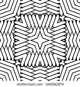 Black and white parquet seamless pattern. Vector geometric ornamental background. Repeat monochrome abstract backdrop. Abstract tribal ethnic style endless ornament. Zigzag lines, shapes. 