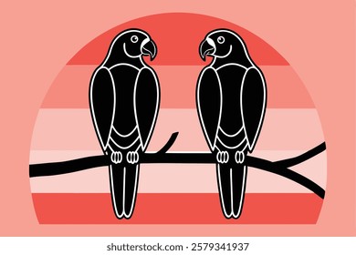 Black and White Parrot Couple on Branch Vector Illustration