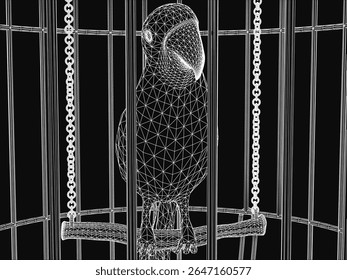A black and white parrot sits inside a metal cage with a chain around its neck, perched on a wooden branch. The detailed drawing emphasizes the bird's confinement and textured feathers.