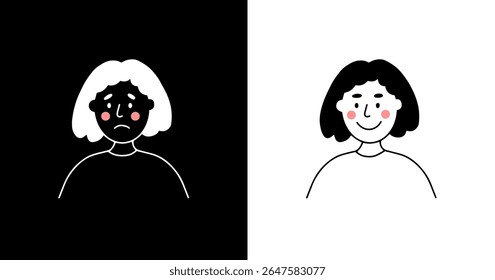 Black and white part of life. Positive and negative isolated vector illustration. Happy, sad woman. Emotional instability, mood swings, female bipolar disorder. Smile, upset girl face. Mental health