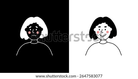Black and white part of life. Positive and negative isolated vector illustration. Happy, sad woman. Emotional instability, mood swings, female bipolar disorder. Smile, upset girl face. Mental health
