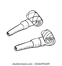 Preto e branco partido soprador assobios tinta vetor ilustração conjunto de acessórios chifres do partido no estilo de esboço simples para coloração