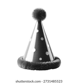 Black and white party hat with pom pom in halftone style. Festive cone hat illustration, retro dotted texture, celebration accessory isolated on white background.