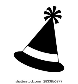 Black and white party hat with a pom pom on top and a ribbon around the base, suitable for celebrations and festive occasions.