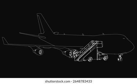 A black and white passenger plane with an attached truck stands out against a dark background, creating a surreal aviation concept. The detailed drawing features clean lines and a striking contrast.