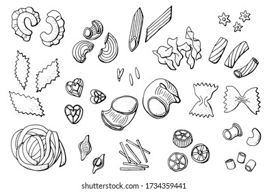 Black and white pasta set. Collection of linear symbols. Stock illustration. White background, isolate.