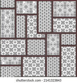 black and white patchwork pattern on white background