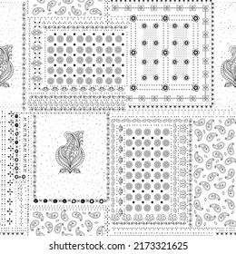 black and white patchwork pattern on white background