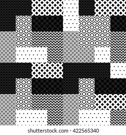 Black and white patchwork quilted geometric seamless pattern, vector