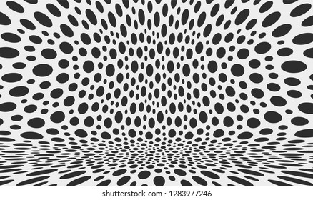 Black and white pattern. Abstract background with circles. Chaotic particles in empty space. Dynamic vector illustartion.