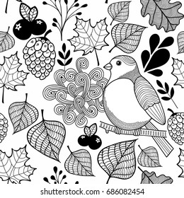 Black and white pattern bird on the branch and autumn leaves. Wallpaper for coloring for kids and adult. Vector illustration.