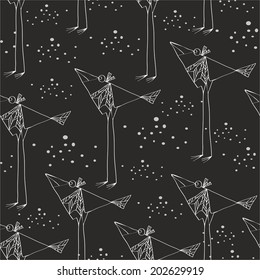 black and white pattern with bird and seeds. vector illustration