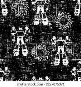 black and white pattern for boys with robots, grunge texture and circles