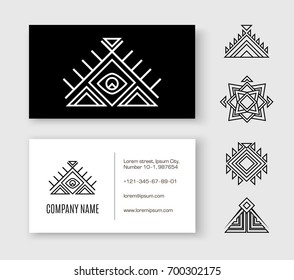 Black white pattern business card ethnic element. Black and white sample visit card with an extra Aztec elements for designers and illustrators. Ethnic set vector illustration