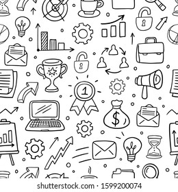 Black and white pattern with business icons. Cute Vector Illustration in doodle style can be used in education, bank, finance, marketing and other business areas.