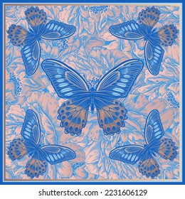 Black and White Pattern. Butterflies and Dragonfly on Background of Garden Flowers. Template for Scarves, Pillows, Packaging. Vintage. Flowering Plants and Insects Background. Vector Illustration.