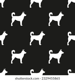 Black and white pattern with Canaan dogs. Elegant, soft seamless background, abstract background. Birthday present wrapping paper. Fashion decoration. White dog silhouette on a white background.