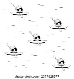 Black and white pattern: capybaras kayaking. Vector illustration.