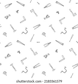 Black And White Pattern Of Carpentry Tools For Work Of Carpenter. Vector Illustration In Outline Flat Style