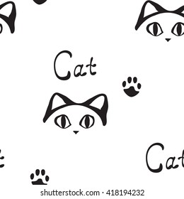 Black and white pattern with cat paw. Seamless vector hand drawn background 