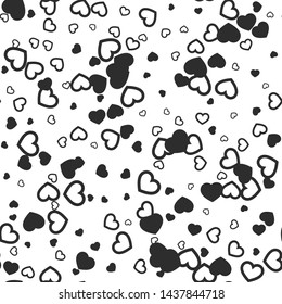 Black and white pattern with chaotic hearts. Seamless vector love background. Stylish Valentine's day wallpaper. For textile, fabric, design, banner, cover.