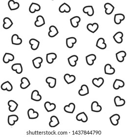 Black and white pattern with chaotic hearts. Seamless vector love background. Stylish Valentine's day wallpaper. For textile, fabric, design, banner, cover.