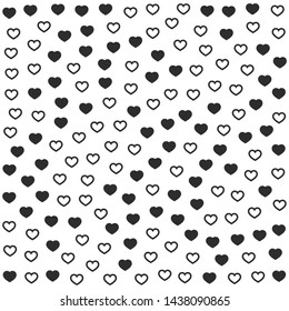 Black and white pattern with chaotic hearts. Seamless vector love background. Stylish Valentine's day wallpaper. For textile, fabric, design, banner, cover.