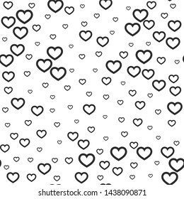 Black and white pattern with chaotic hearts. Seamless vector love background. Stylish Valentine's day wallpaper. For textile, fabric, design, banner, cover.