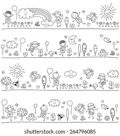 black and white pattern for children with cute nature elements, child like drawing style