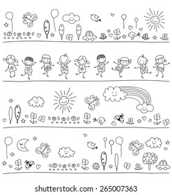 motivos en blanco y negro para los niños con elementos naturales lindos, estilo de dibujo infantil