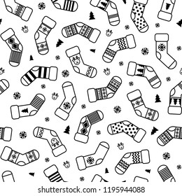 Black and white pattern of Christmas socks for gifts. Christmas vector illustration.
