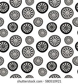 Black white pattern with circles of oranges. Floral monochrome pattern. Vector seamless