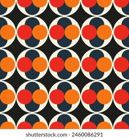 A black and white pattern of circles with red and orange dots. The circles are arranged in a way that they look like they are overlapping each other. The pattern is very abstract