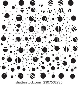 A black and white pattern with circles and stars seamless background.