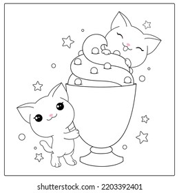 Black and white pattern for coloring. Kawaii coloring page with cute kittens. Two lovely cats with milk shake. Coloring book  for children and adults. Vector illustration EPS8