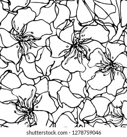 Black and white pattern from the contours of flowers ink-drawn drawing. Vector illustration for tiles, fabrics.