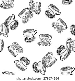 Black and white pattern with cups and saucers.Seamless.